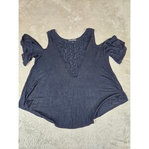 Living Doll Black Cold Shoulder Crochet Lace V-Neck Top Large Made in USA